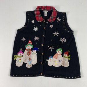 CB Career Sweater Vest Womens Large Black Snowman Plaid Collar Ugly Christmas